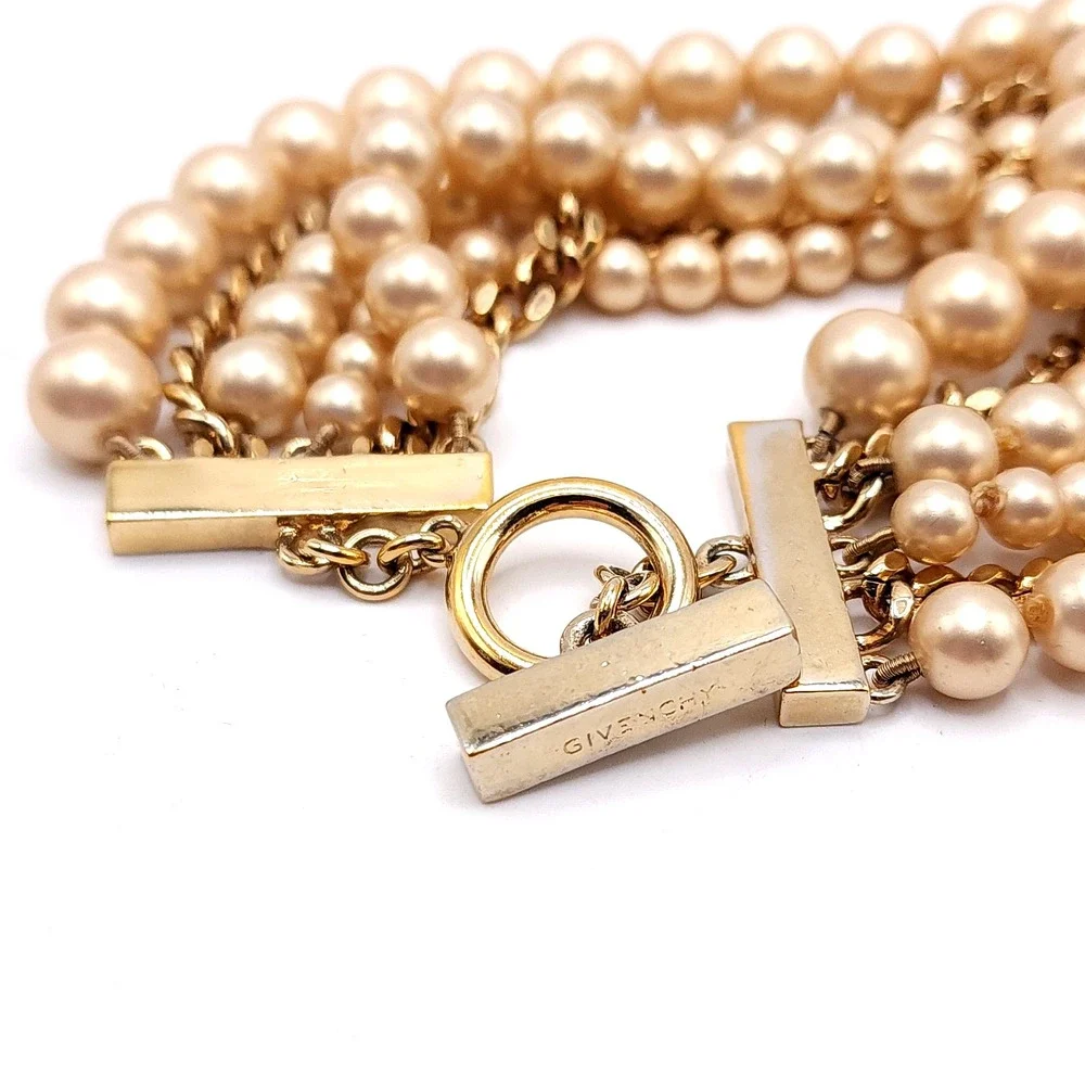 Givenchy Gold Tone Curb Chain Faux Pearl Multi Strand Bracelet 7.5in
